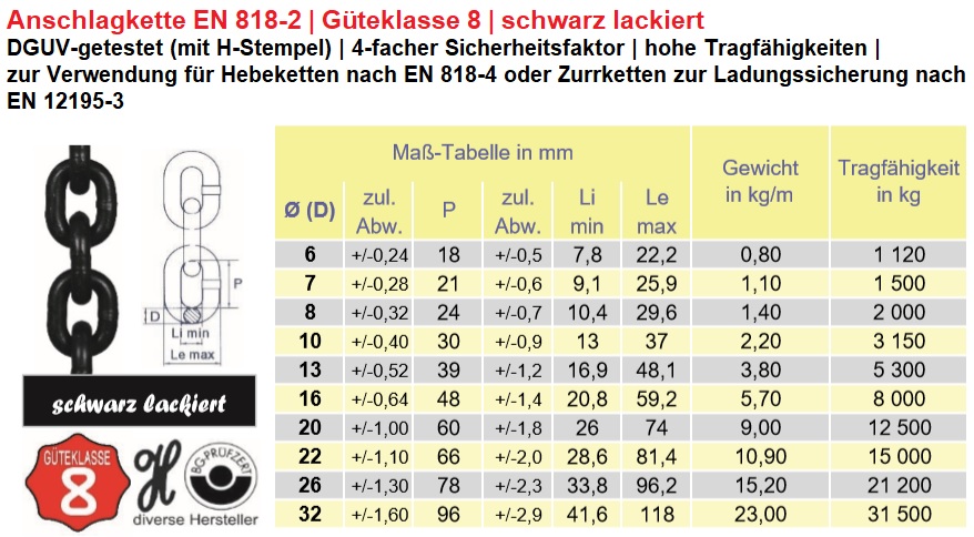 Kette EN 818-2 schwarz lackiert mit H-Stempel