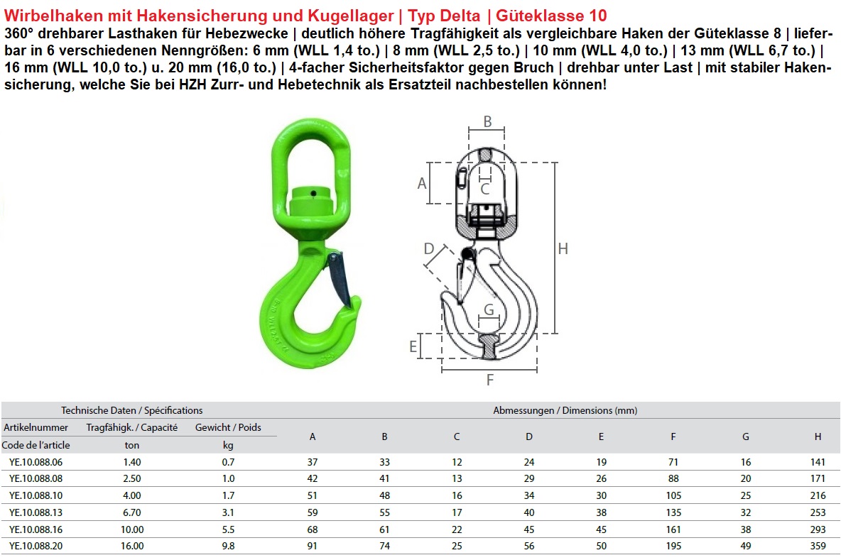 Ösenwirbellasthaken GK10 Delta mit Kugellager und Hakensicherung