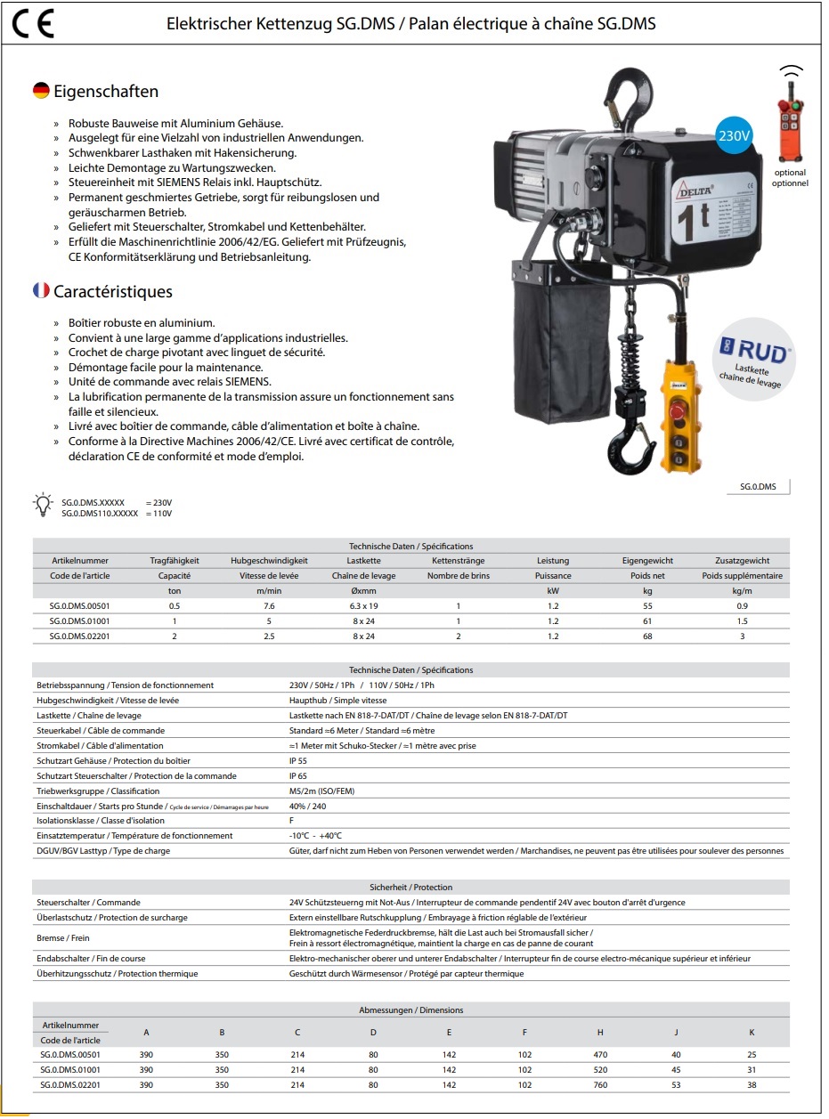 Elektro-Kettenzug zum Aufhängen Typ Delta DMS 230 Volt