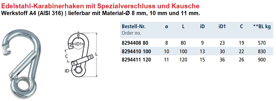 Nirosta Karabiner mit Spezialverschluss und Kausche