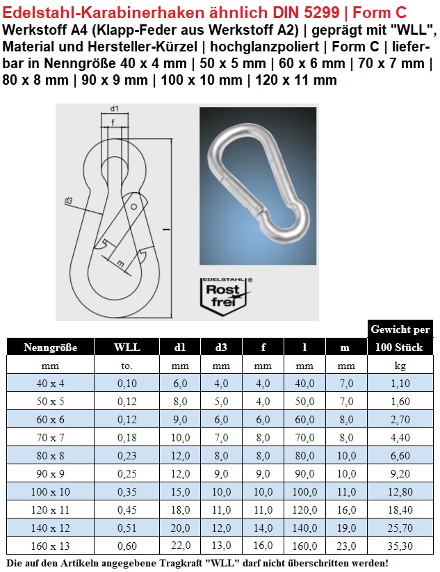 Edelstahl-Karabiner Form C