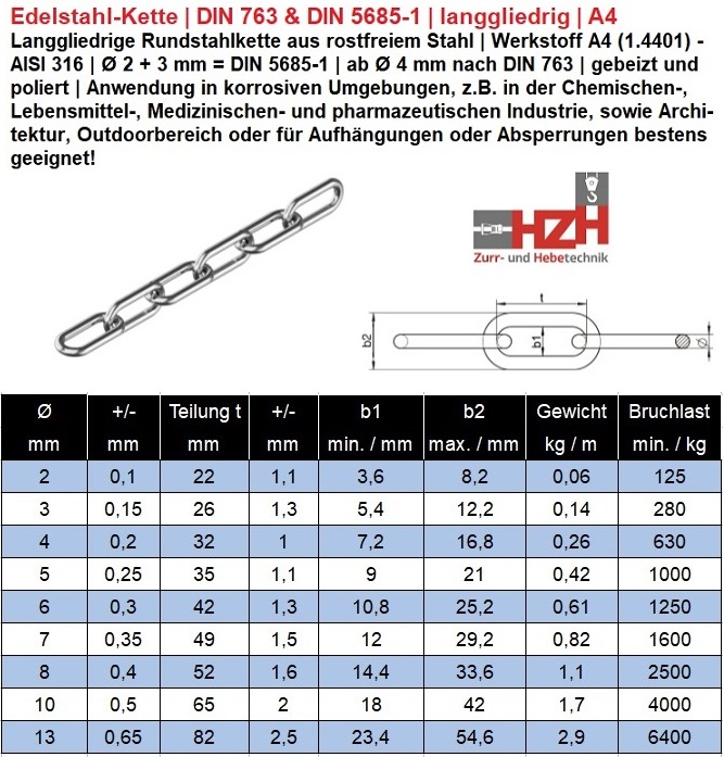 DIN 763 Rundstahlkette Kette Ankerkette langgliedrig Edelstahl A4 1 Meter Länge 