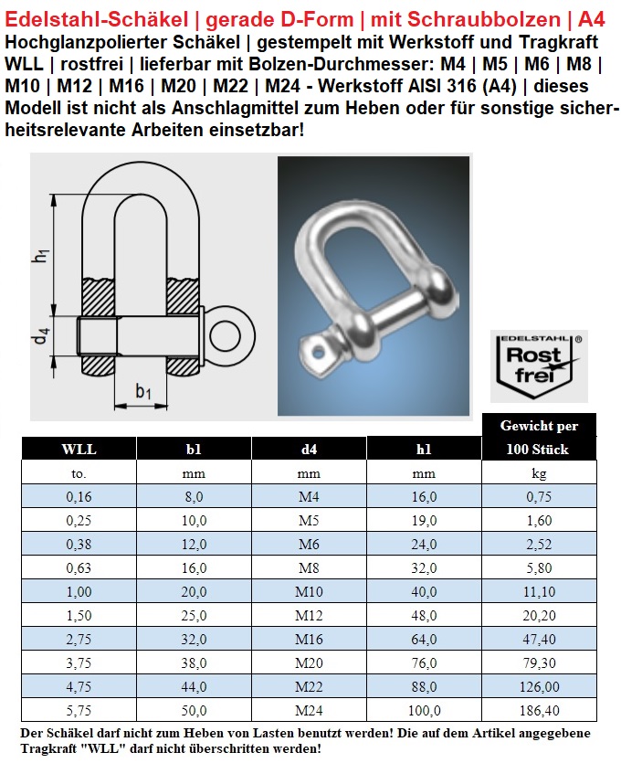 M10 Schäkel gerade - Edelstahl - Tragkraft 1225kG