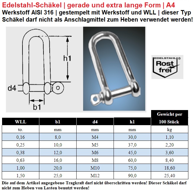 Edelstahlschäkel, gerade und extra lange Form