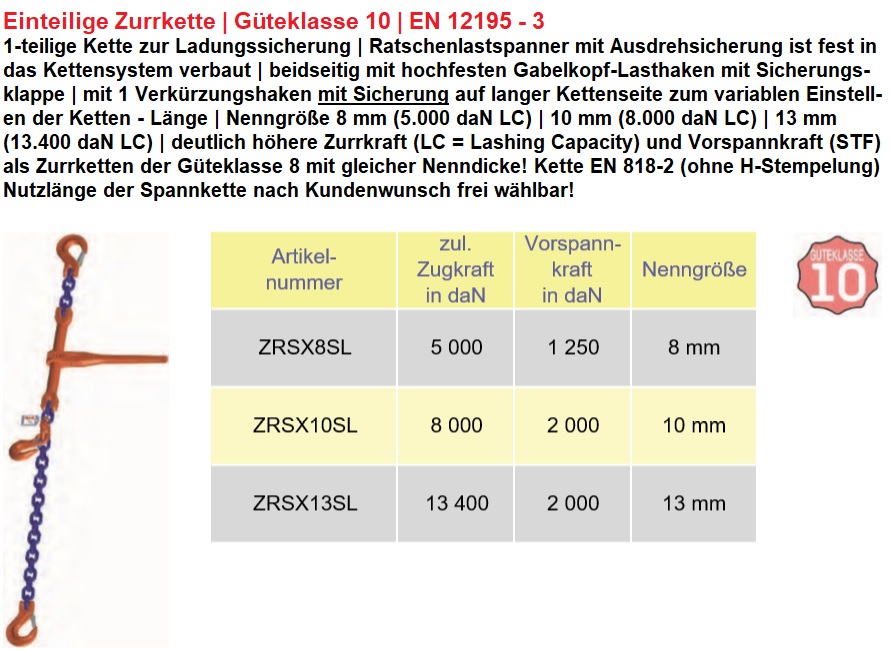 2-teilige Zurrkette 10 Mm – Güteklasse 8, 6,0 M, Verzinkt, LC 63 KN (6,3 T), Mit H-Stempel, Ratschenspanner