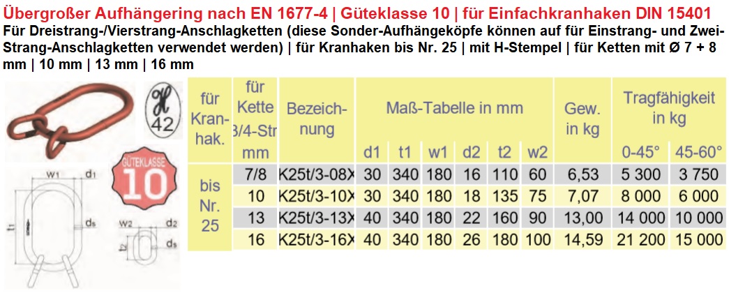 Sonderaufhängeglied Typ SA für Kranhaken Nr.25 - 17000 kg / 25-40/26 /  passend f