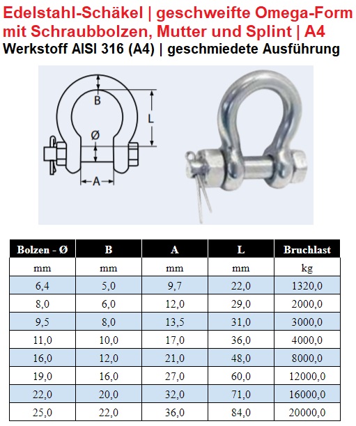 Edelstahlschäkel geschweifte Form mit Sicherung