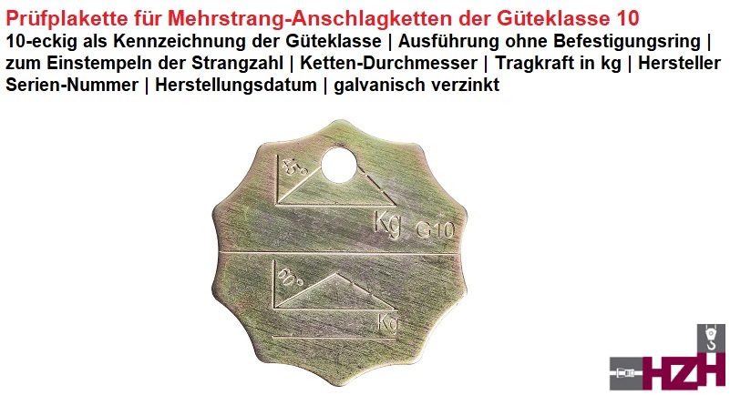 Plakette für Mehrstrang-Anschlagketten GK10 ohne Ring