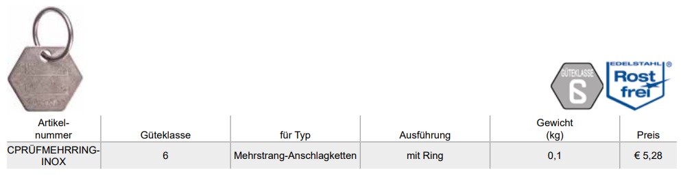Anhänger für INOX Anschlagketten GK6 Mehrstrang