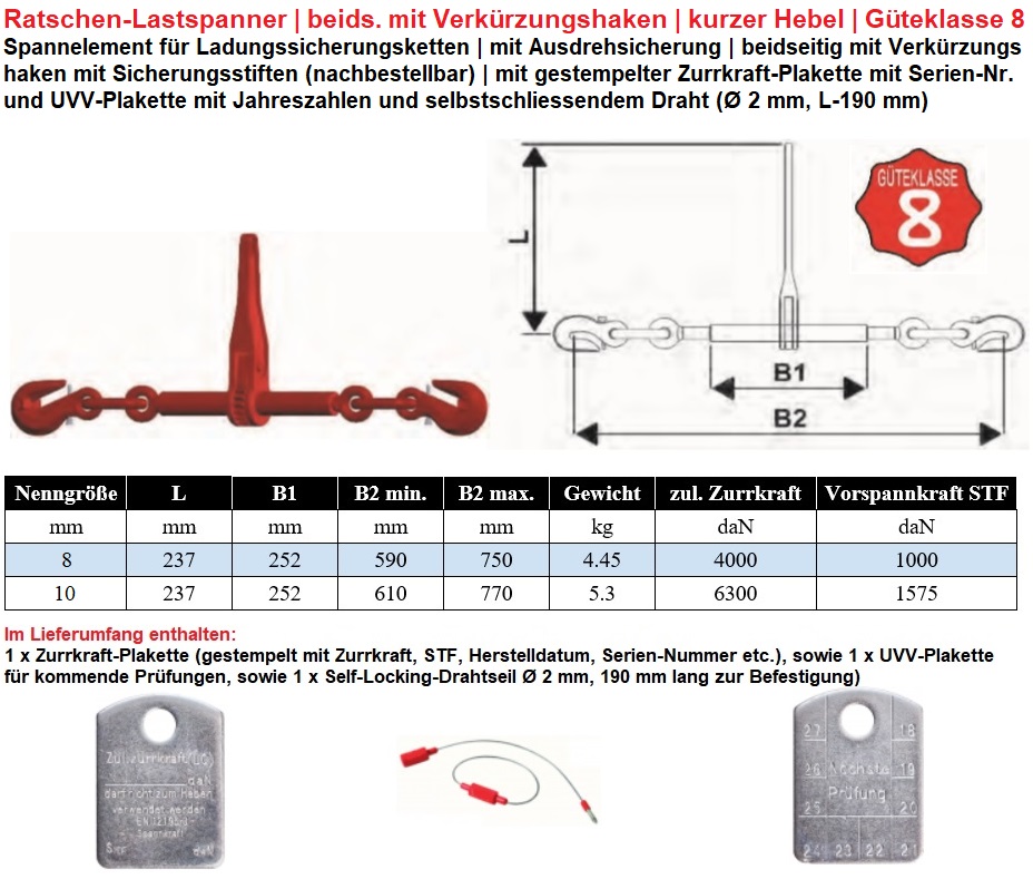 Zurrkette Spannkette 8 Mm 2-teilig Mit Ratsche – GK8, 3 M, LC 4000 DaN, Vorspannkraft 1000 DaN, Für LKW, Bagger & Co., Ladungssicherung Nach EN 12195-3