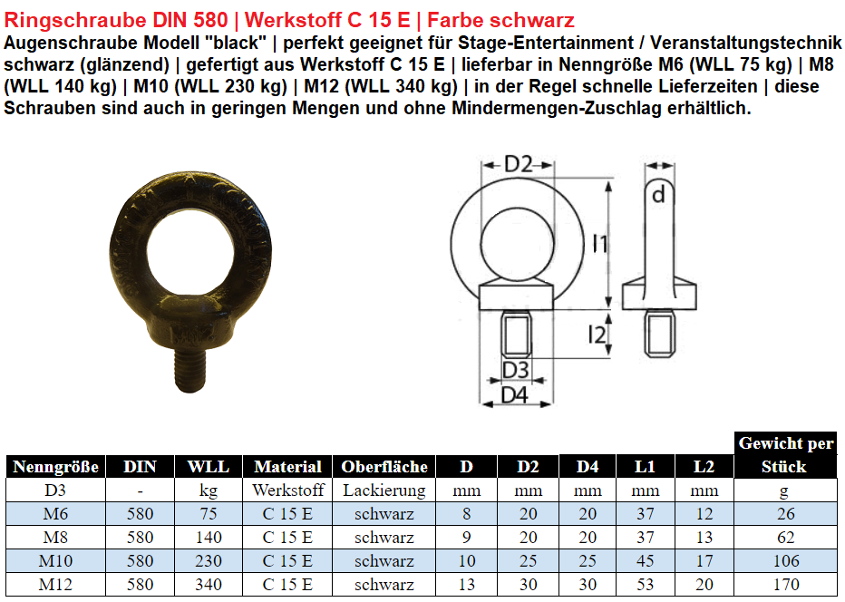 Ringschraube DIN 580 Sondermodell in Farbe schwarz