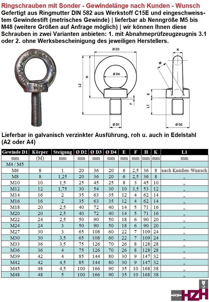 Sondermodell-Ringschraube mit extra langem Gewinde (metrisch)