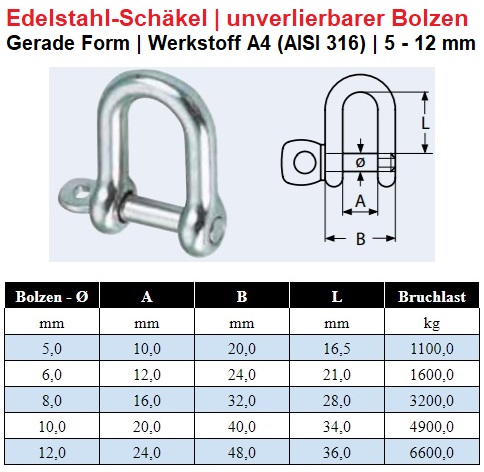 Schäkel mit unverlierbarem Bolzen, Edelstahl