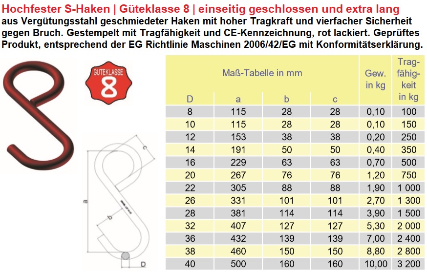 S-Haken Grad 80 geschlossen und besonders lang
