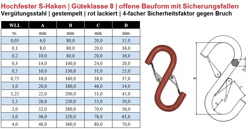 S-Haken GK8 offene Form mit Sicherungsfallen