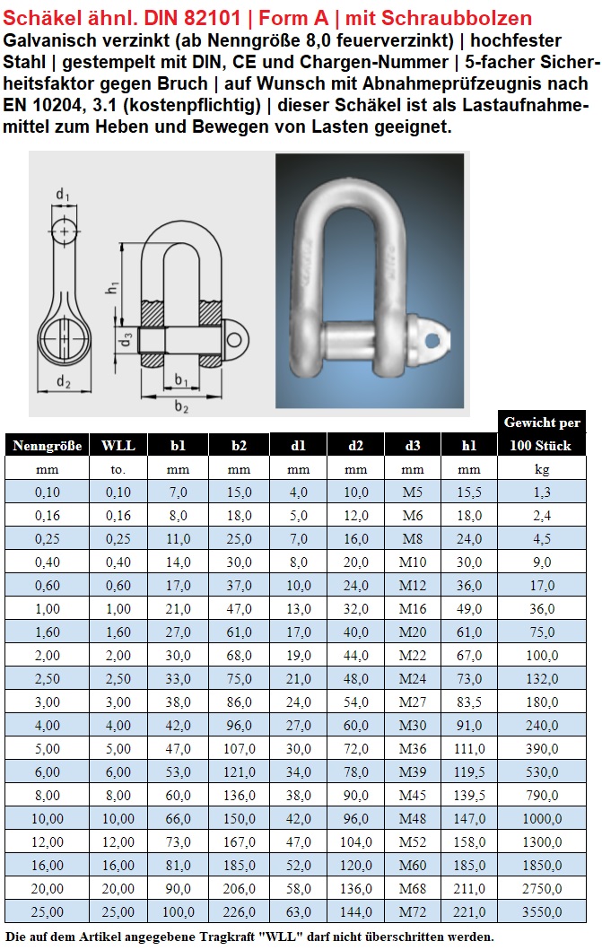 Schäkel DIN 82101 Form A mit Schraubbolzen