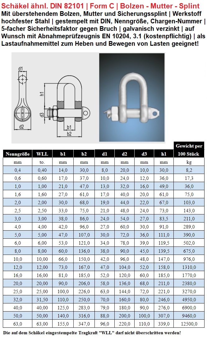 Schäkel DIN 82101, Schäkel Form A