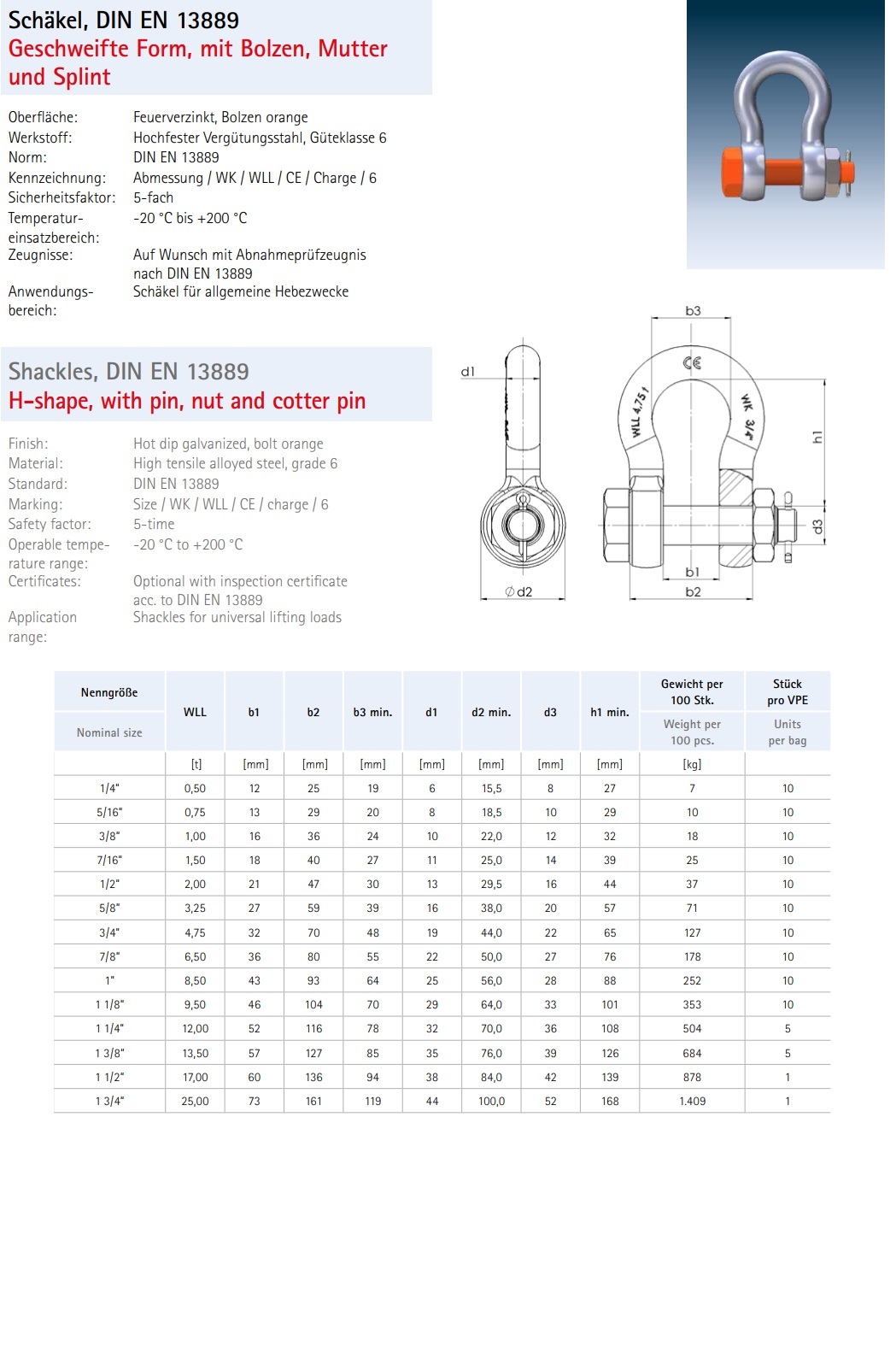 Schäkel EN 13889 Typ ENA1, Tragfähigkeit 0,5 t