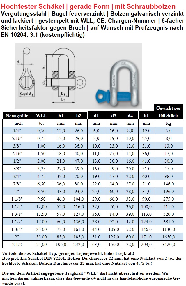 Schäkel gerade SCHW 6 G 10 WLL 1,4t, Bolzen Dm 10mm, Innenw. 14mm -  Sanitärhandel Smuk -  - Ihr  Sanitär/Heizung/Klima/Installationen/Werkzeug/Garten Shop