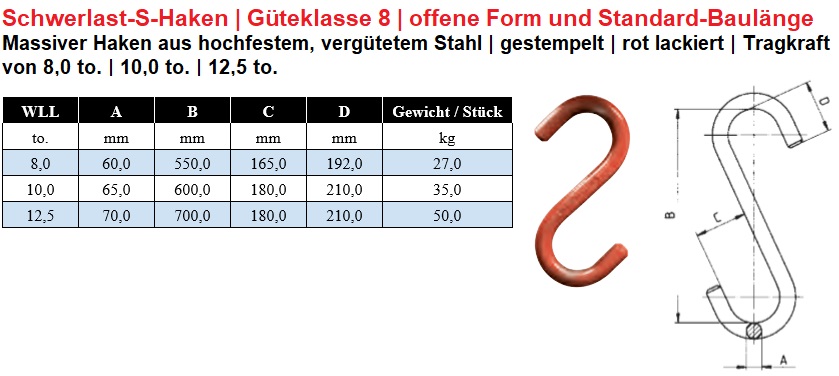 Schwerlast-Haken in S-Form und offener Ausführung GK8