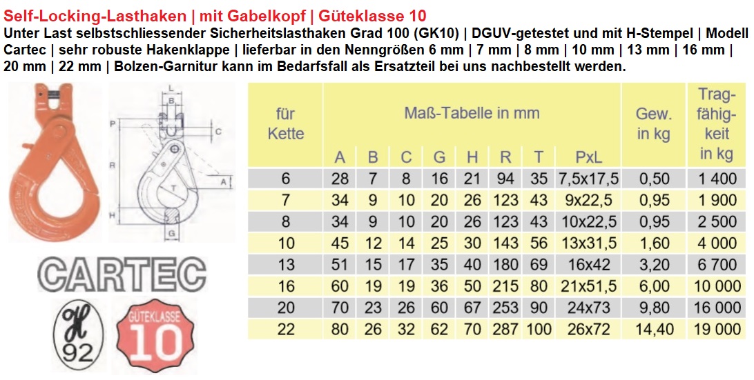 Sicherheitslasthaken mit Gabelkopf Güteklasse 10