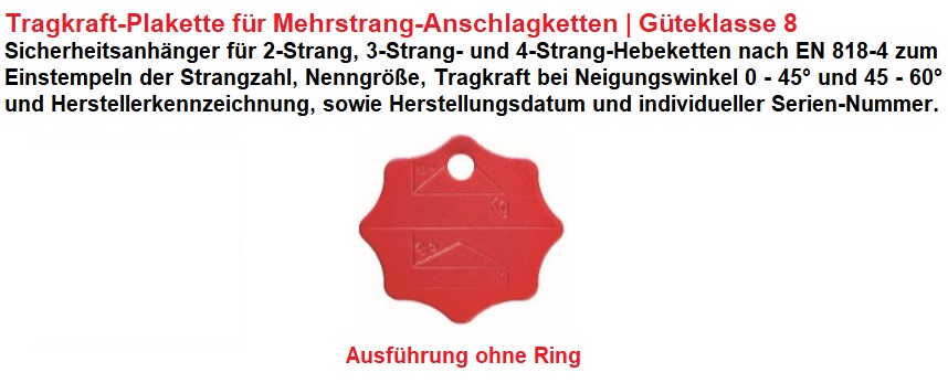 Sicherheitsplakette für Mehrstrang Anschlagketten der Güteklasse 8