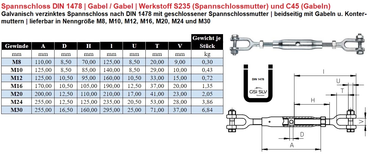 Spannschloss mit Gabel/Gabel nach DIN 1478 Werkstoff S235