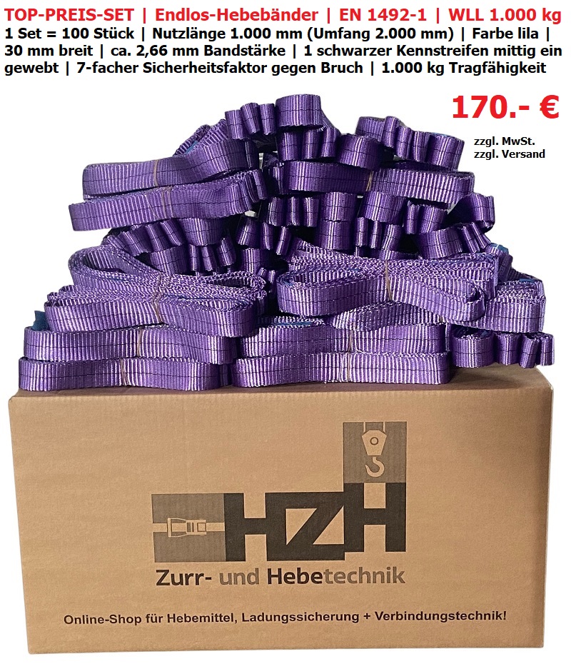 Endlos Hebeband Set 1000 kg und 100 Stück Nutzlänge 1 m