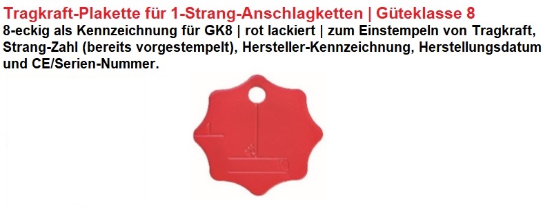 Tragkraft-Plakette einstrang GK8