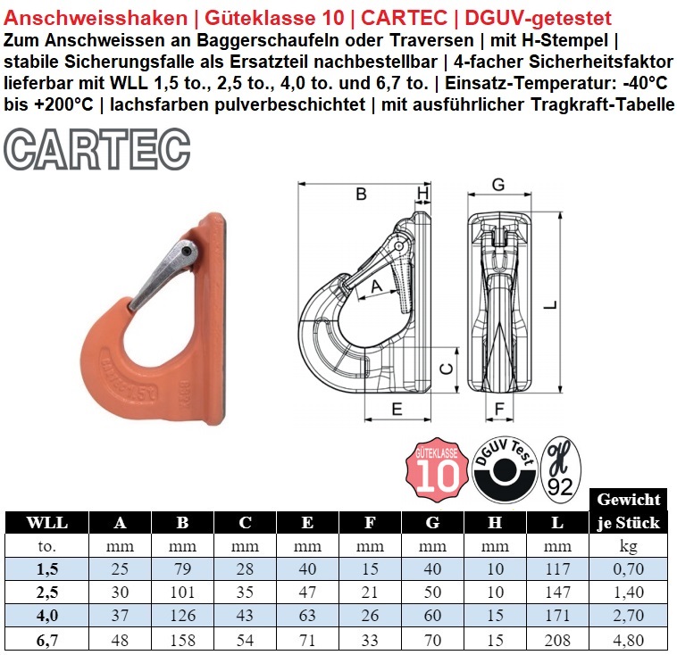 Anschweisshaken, Güteklasse 10