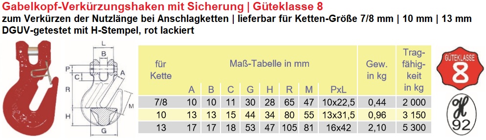 Gabelkopf-Verkürzungshaken mit Sicherung GK8