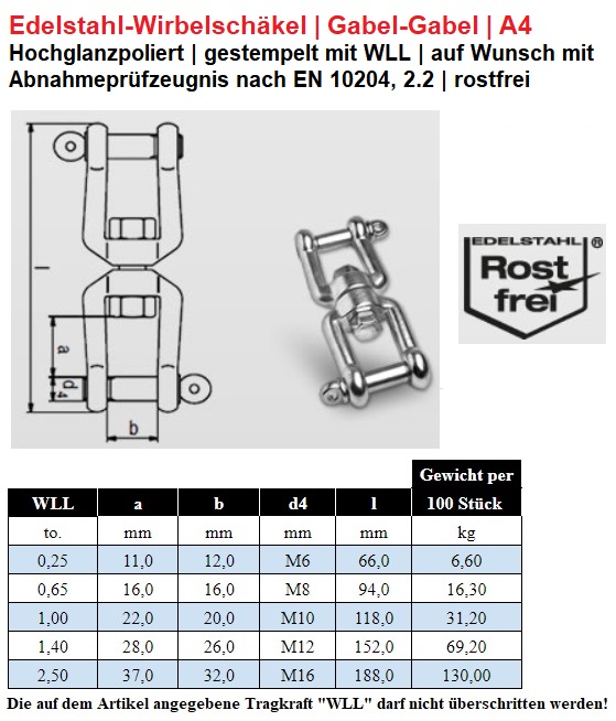 Wirbel-Schäkel 10 mm Auge-Gabel A4 Edelstahl Wirbelschäkel Schäkel  Ankerkette