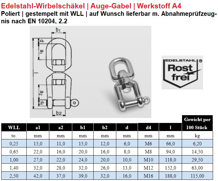 Edelstahl Wirbelschäkel Auge Gabel A4