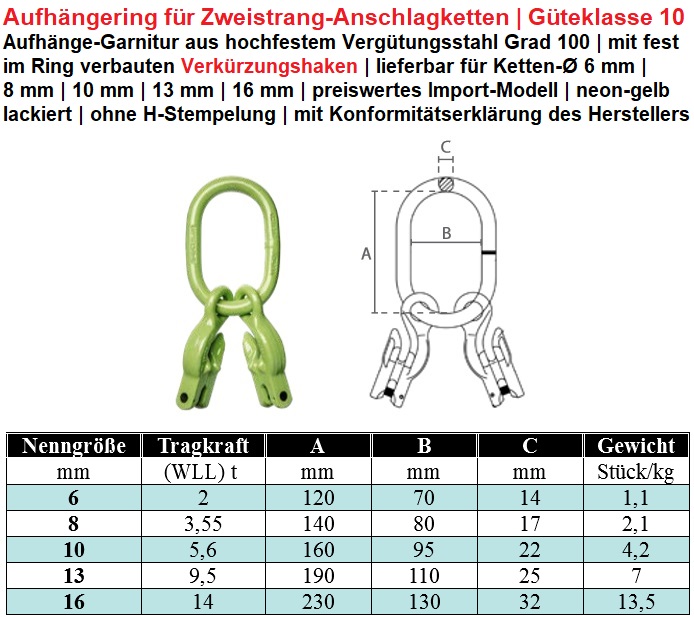 Ketten-Aufhängering Zweistrang GK10 mit Verkürzer