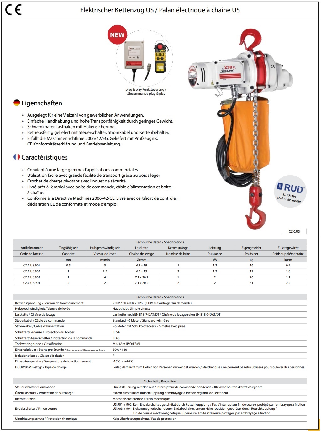 Elektro-Kettenzug Delta US 230 Volt optional mit Funkfernbedienung