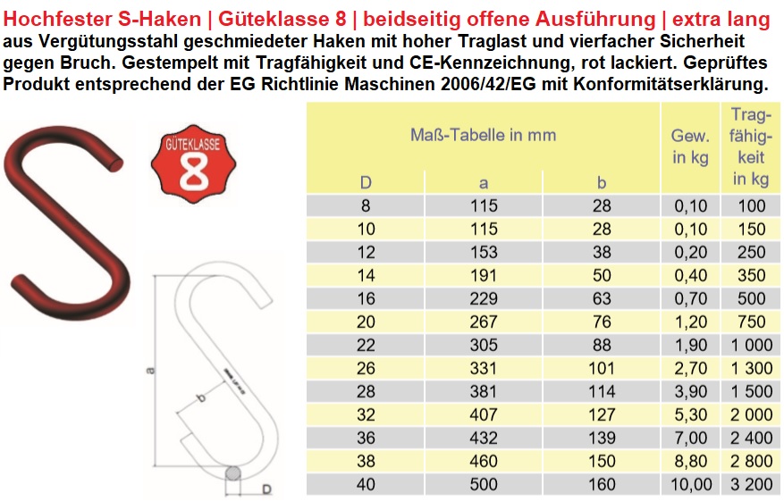 Hochfester S-Haken offene und lange Ausführung