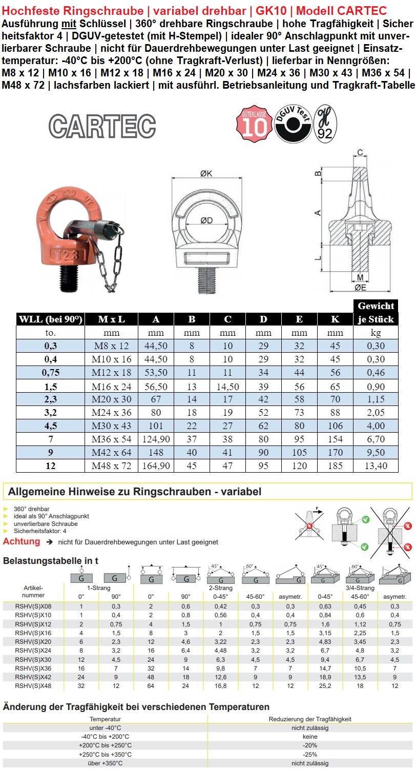 drehbare Cartec-Ringschraube GK10 mit Schlüssel